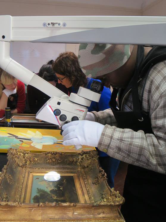 Barnabas using the stereo microscope to examine a Bailey painting
